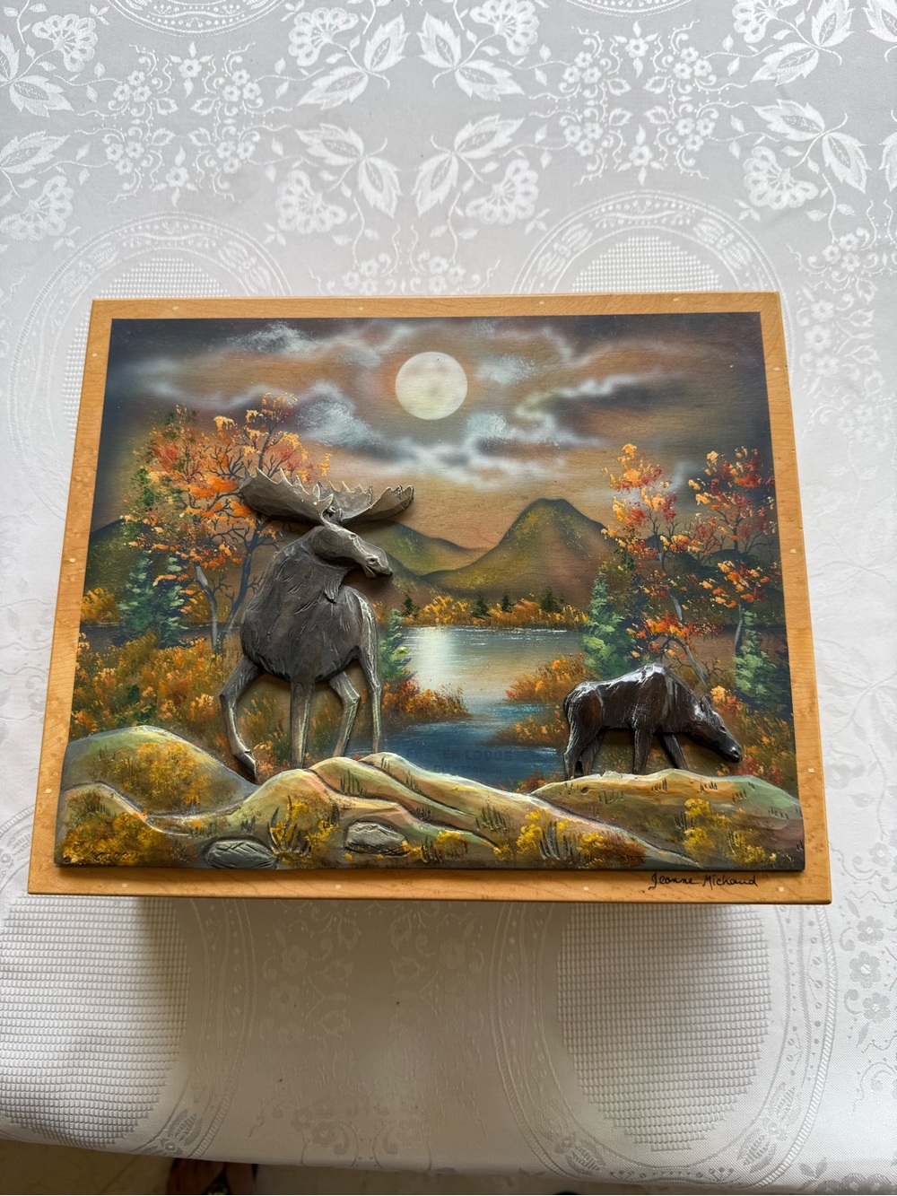 Vintage 3D Moose Carved Wooden Box By The Artist Jeanne Michaud VERY RARE!!!!